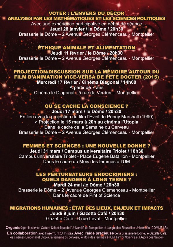 verso de l'affiche du bar des sciences saison 2016 à montpellier